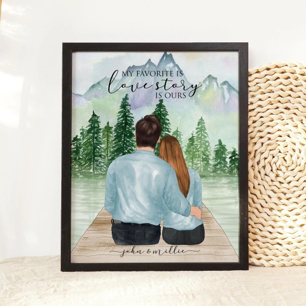 Personalized Couple Illustration in the Forest or Lake