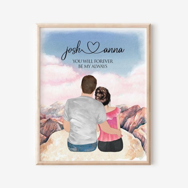 Personalized Couple Illustration Wall Art on Mountain