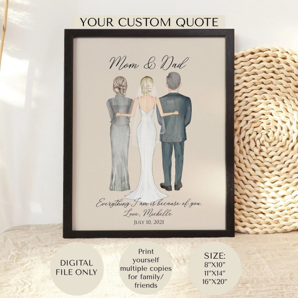 Bride and Parents Custom Wedding Portrait Illustration