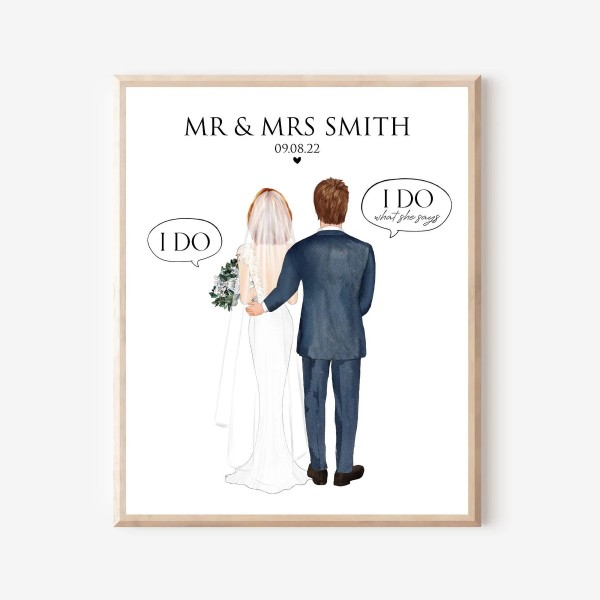 Funny Wedding Gift for Couple, Custom Bride Groom Portrait, Personalized Newlyweds Art Print, 1st Anniversary, Couple gift with funny quote