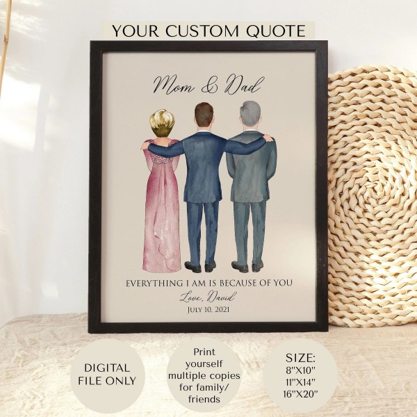 Groom and Parents Custom Wedding Illustration Art