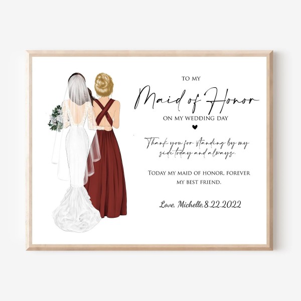 Maid of Honor Wedding Gift from Bride, Bridal Party Gift, Bridesmaid Proposal, Custom Wedding Art illustration Print for Bridesmaid Favors