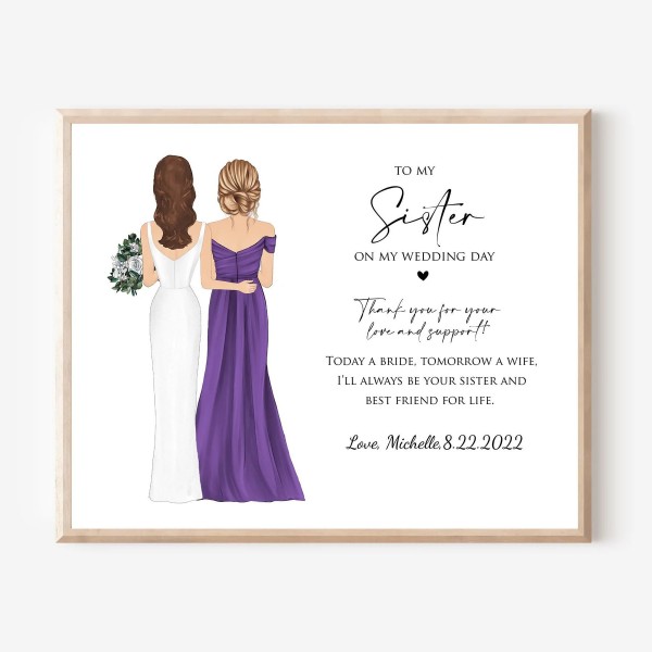 Sister of bride wedding gift from Bride on Wedding day, Custom wedding illustration, Sister of The Bride Gift, Bridal Drawing Art Keepsake