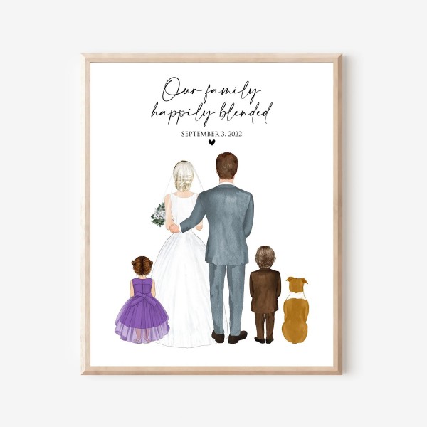 Wedding Gift for 2nd Marriage Couple with kids and pet, Anniversary Gift, Blended family portrait,Custom Wedding illustration for big family