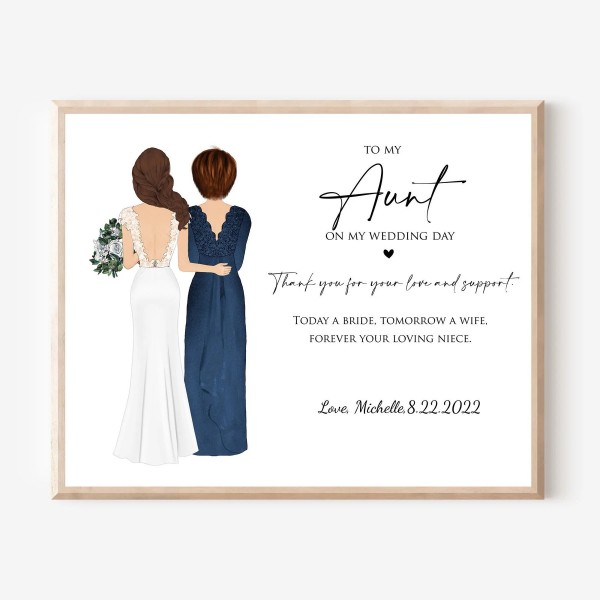 Wedding gift for Aunt of the bride gift on wedding day, Custom wedding illustration, Gift for Aunt from Bride,Personalized Keepsake Wall Art