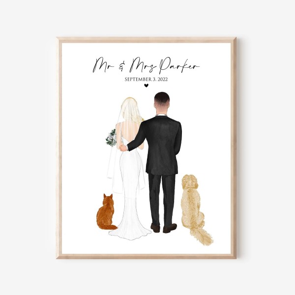 Wedding Gift for Couple with dog and cat pet, 1st Anniversary Paper Gift, Newly Weds Illustration,Wedding drawing, Alternative Guest book