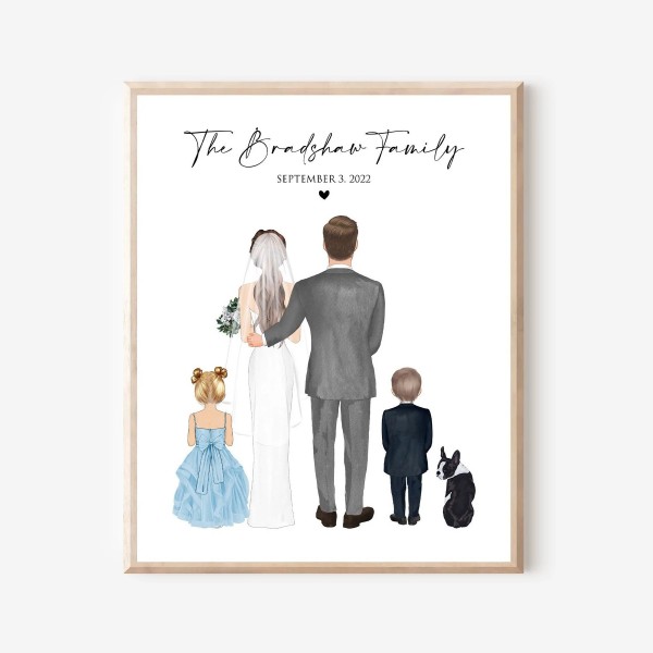 Wedding Gift for Couple with kids and pet, 1st Anniversary Gift, Blended family portrait, 2nd Marriage drawing, Alternative Guest book