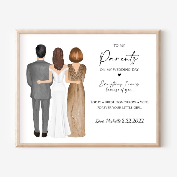 Wedding gift for Parents of the Bride gift on wedding day, Wedding illustration of Parents from Daughter, Personalized Bride mom dad drawing