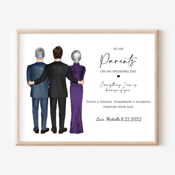 Wedding gift for Parents of the Groom on the wedding day, Wedding illustration of Parents from Son, Personalized Groom mom dad drawing