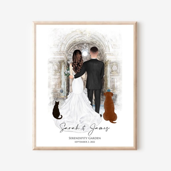 Wedding Gift with Altar Background for Couple with dog and pet, 1st Anniversary Paper Gift,Newly Weds with Pets Illustration,Wedding drawing